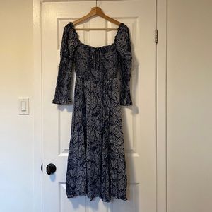 Blue snakeskin print Reformation midi dress.